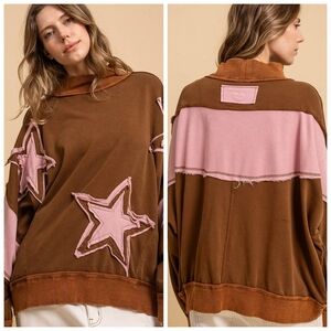 Brown and Pink Star Embellished Women's Hoodie